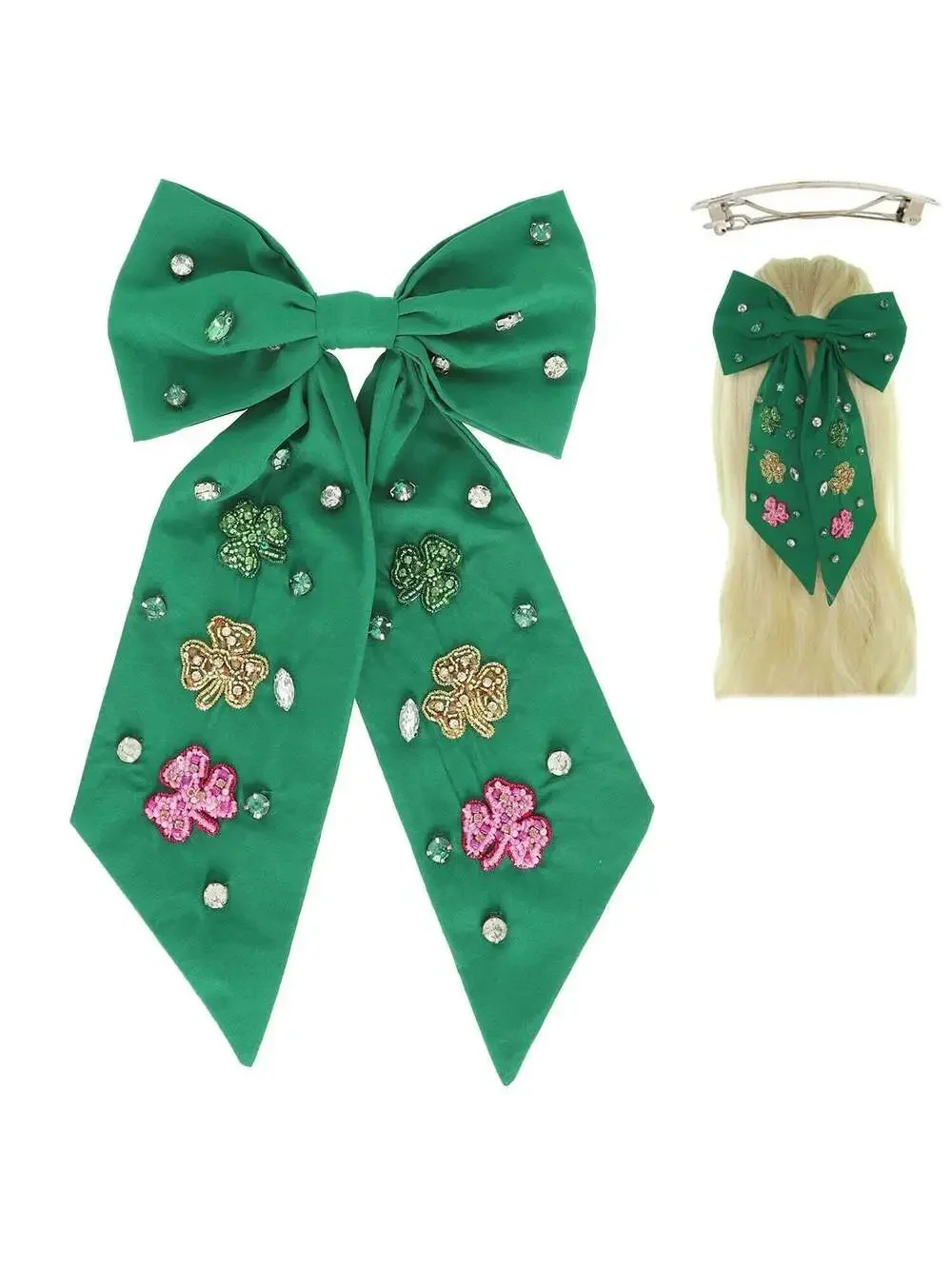 St. Patrick's Day Shamrock Beaded Bow Hair Barrette Green